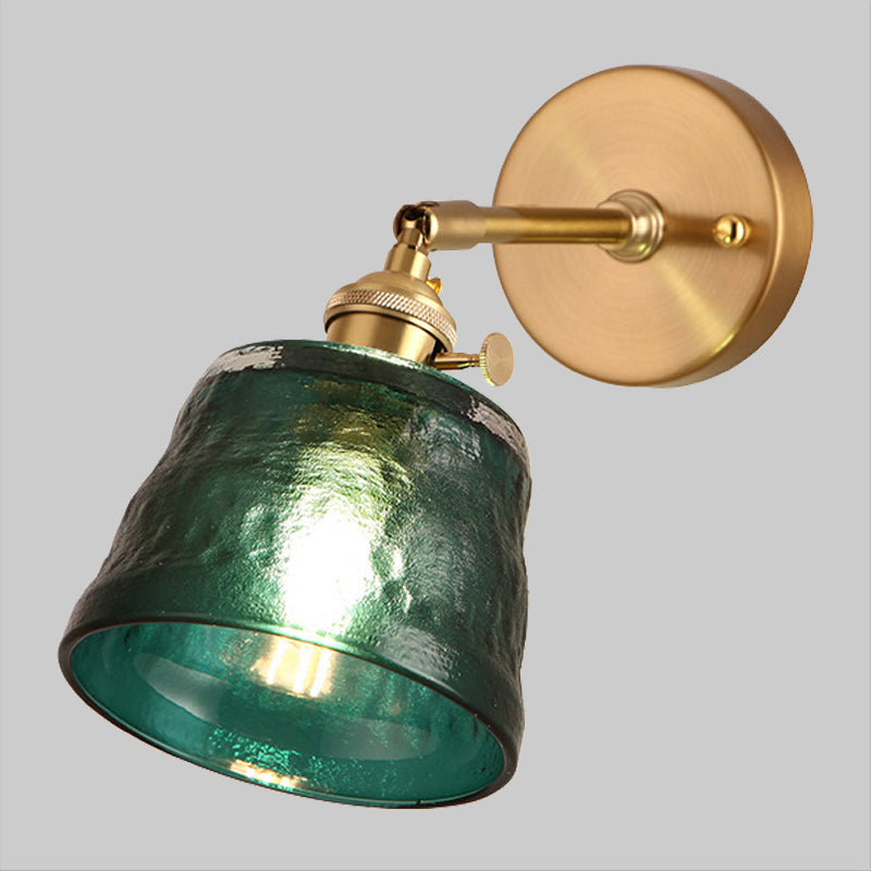 Brass Single Bulb Wall Sconce Antiqued Green Dimpled Glass Conical Adjustable Wall Lighting Clearhalo 'Wall Lamps & Sconces' 'Wall Lights' Lighting' 1907275