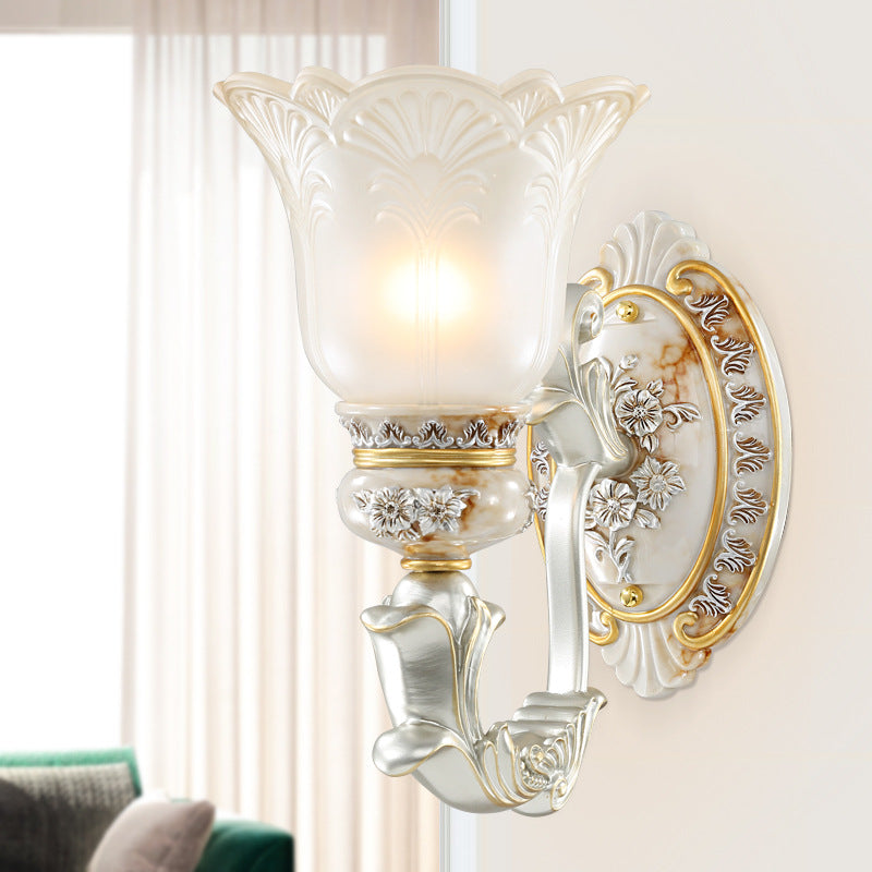 Bloom Hallway Wall Sconce Light French Country Milky Glass Single Bulb White Wall Mounted Lamp with Carving Flower Decor Clearhalo 'Wall Lamps & Sconces' 'Wall Lights' Lighting' 1907277