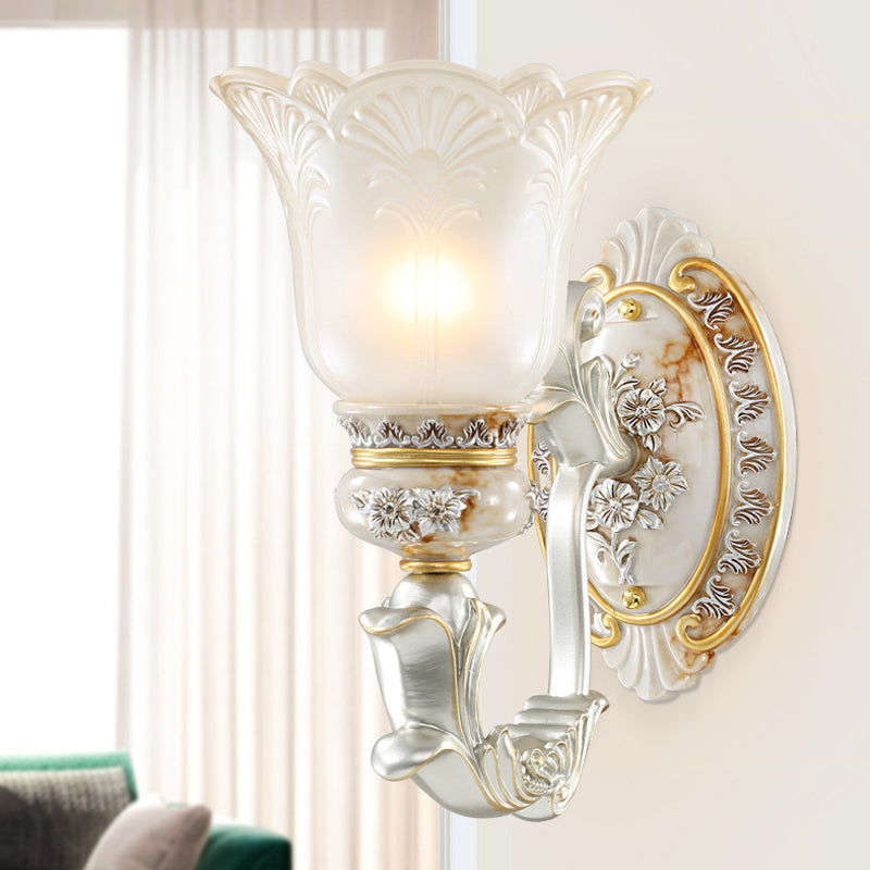 Bloom Hallway Wall Sconce Light French Country Milky Glass Single Bulb White Wall Mounted Lamp with Carving Flower Decor Clearhalo 'Wall Lamps & Sconces' 'Wall Lights' Lighting' 1907278