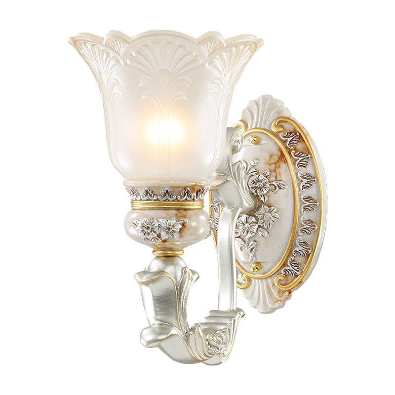 Bloom Hallway Wall Sconce Light French Country Milky Glass Single Bulb White Wall Mounted Lamp with Carving Flower Decor Clearhalo 'Wall Lamps & Sconces' 'Wall Lights' Lighting' 1907280