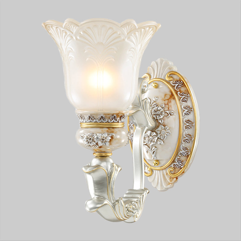 Bloom Hallway Wall Sconce Light French Country Milky Glass Single Bulb White Wall Mounted Lamp with Carving Flower Decor Clearhalo 'Wall Lamps & Sconces' 'Wall Lights' Lighting' 1907281