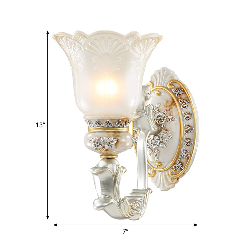 Bloom Hallway Wall Sconce Light French Country Milky Glass Single Bulb White Wall Mounted Lamp with Carving Flower Decor Clearhalo 'Wall Lamps & Sconces' 'Wall Lights' Lighting' 1907282