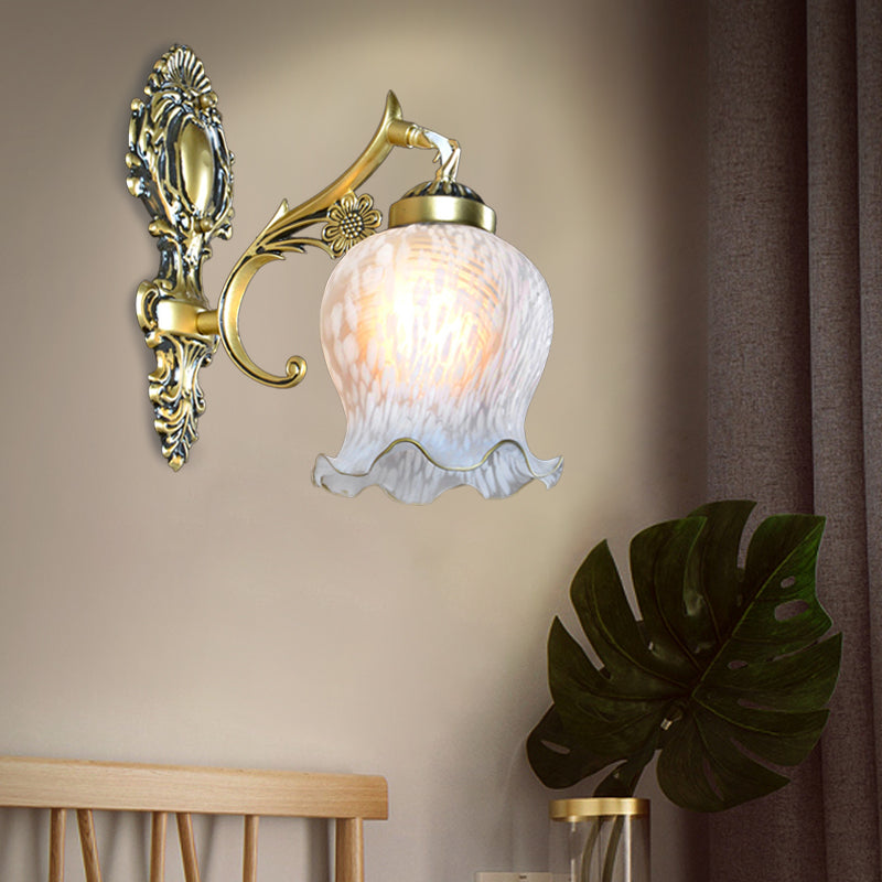 White Glass Gold Wall Mount Lamp Printed Flower Single Head Countryside Wall Sconce Light Clearhalo 'Wall Lamps & Sconces' 'Wall Lights' Lighting' 1907284