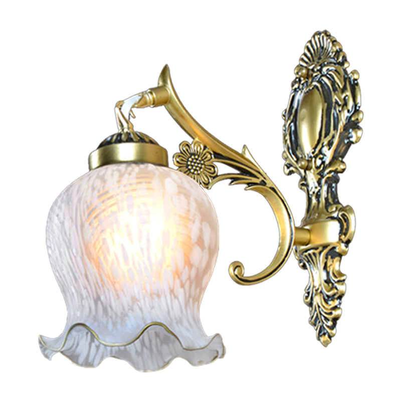 White Glass Gold Wall Mount Lamp Printed Flower Single Head Countryside Wall Sconce Light Clearhalo 'Wall Lamps & Sconces' 'Wall Lights' Lighting' 1907286