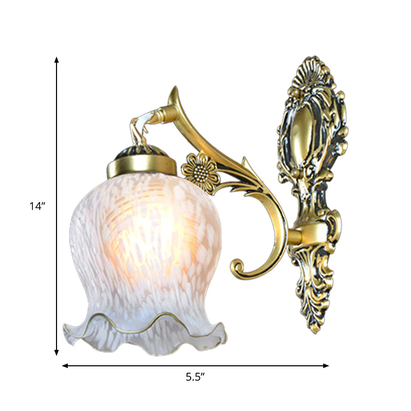 White Glass Gold Wall Mount Lamp Printed Flower Single Head Countryside Wall Sconce Light Clearhalo 'Wall Lamps & Sconces' 'Wall Lights' Lighting' 1907288