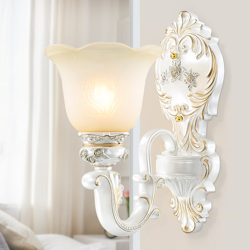 Cream Glass White Wall Sconce Blossom 1/2-Head Cottage Wall Lighting Fixture for Living Room 1.0 White Clearhalo 'Wall Lamps & Sconces' 'Wall Lights' Lighting' 1907308