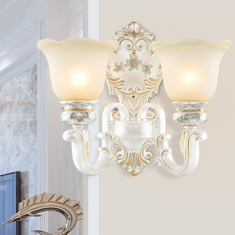 Cream Glass White Wall Sconce Blossom 1/2-Head Cottage Wall Lighting Fixture for Living Room Clearhalo 'Wall Lamps & Sconces' 'Wall Lights' Lighting' 1907312