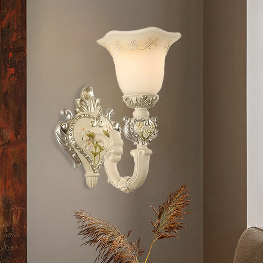 Bloom Sitting Room Sconce Lamp Vintage Milky Glass 1/2-Bulb White Wall Lighting Fixture Clearhalo 'Wall Lamps & Sconces' 'Wall Lights' Lighting' 1907331