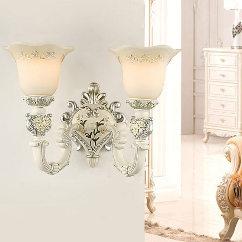 Bloom Sitting Room Sconce Lamp Vintage Milky Glass 1/2-Bulb White Wall Lighting Fixture Clearhalo 'Wall Lamps & Sconces' 'Wall Lights' Lighting' 1907338