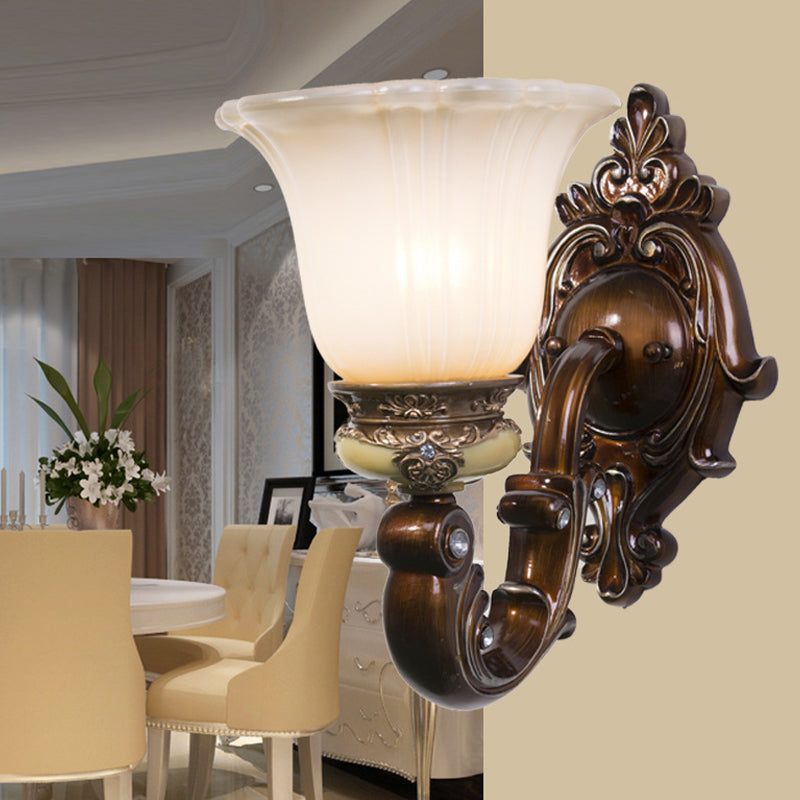 Antiqued Invert Bell Wall Sconce Single Light Cream Fluted Glass Wall Mounted Lighting in Brown Clearhalo 'Wall Lamps & Sconces' 'Wall Lights' Lighting' 1907343