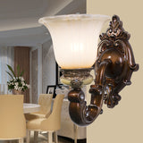 Antiqued Invert Bell Wall Sconce Single Light Cream Fluted Glass Wall Mounted Lighting in Brown Clearhalo 'Wall Lamps & Sconces' 'Wall Lights' Lighting' 1907343