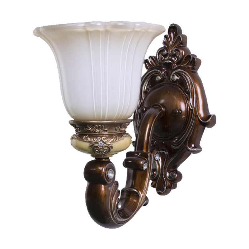 Antiqued Invert Bell Wall Sconce Single Light Cream Fluted Glass Wall Mounted Lighting in Brown Clearhalo 'Wall Lamps & Sconces' 'Wall Lights' Lighting' 1907345