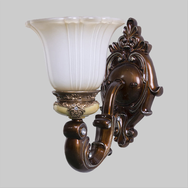 Antiqued Invert Bell Wall Sconce Single Light Cream Fluted Glass Wall Mounted Lighting in Brown Clearhalo 'Wall Lamps & Sconces' 'Wall Lights' Lighting' 1907346