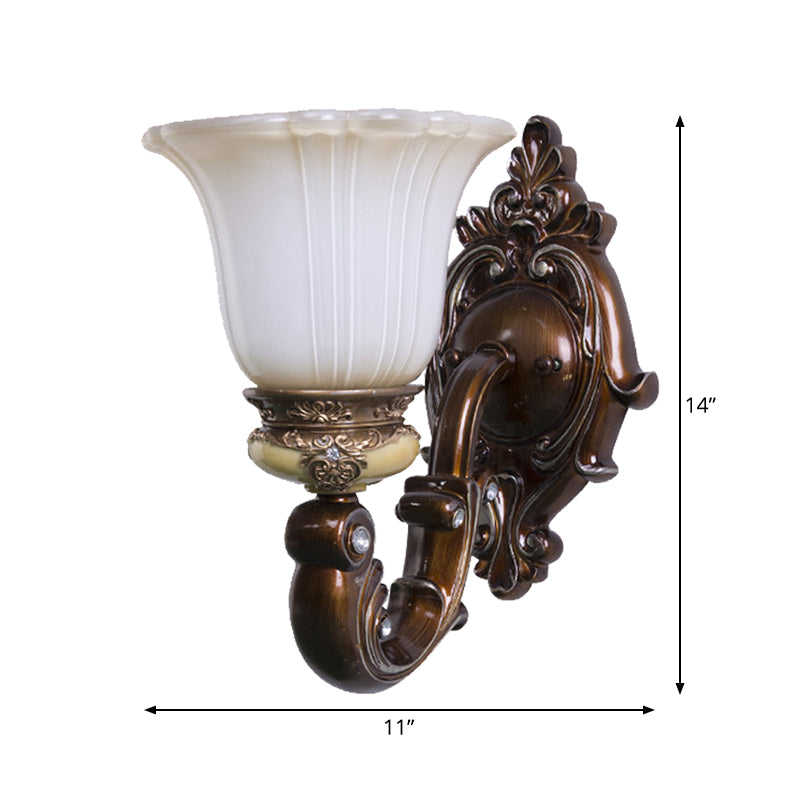 Antiqued Invert Bell Wall Sconce Single Light Cream Fluted Glass Wall Mounted Lighting in Brown Clearhalo 'Wall Lamps & Sconces' 'Wall Lights' Lighting' 1907347