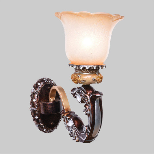 Brown 1/2-Head Wall Mounted Lamp Retro Style Pink and White Glass Floral-Shaped Wall Lighting Fixture Clearhalo 'Wall Lamps & Sconces' 'Wall Lights' Lighting' 1907351