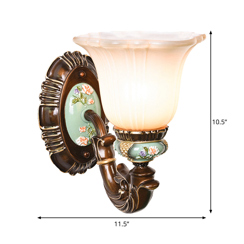 Frosted Glass Brown Wall Light Ridged Bell 1/2-Bulb Rural Wall Sconce Lighting for Guest Room Clearhalo 'Wall Lamps & Sconces' 'Wall Lights' Lighting' 1907363