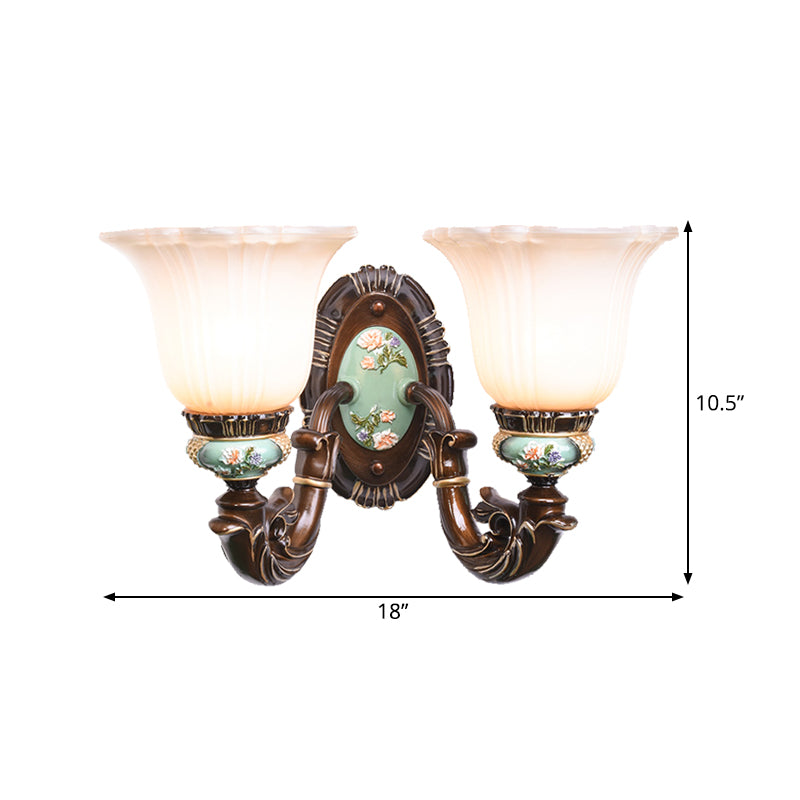 Frosted Glass Brown Wall Light Ridged Bell 1/2-Bulb Rural Wall Sconce Lighting for Guest Room Clearhalo 'Wall Lamps & Sconces' 'Wall Lights' Lighting' 1907369