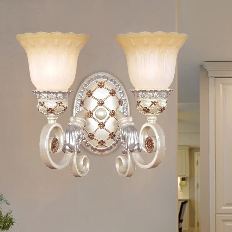 French Country Blossom Wall Sconce 1/2-Light Opaline Glass Wall Lighting Idea with Swirl Arm in Gold Clearhalo 'Modern wall lights' 'Modern' 'Wall Lamps & Sconces' 'Wall Lights' Lighting' 1907377
