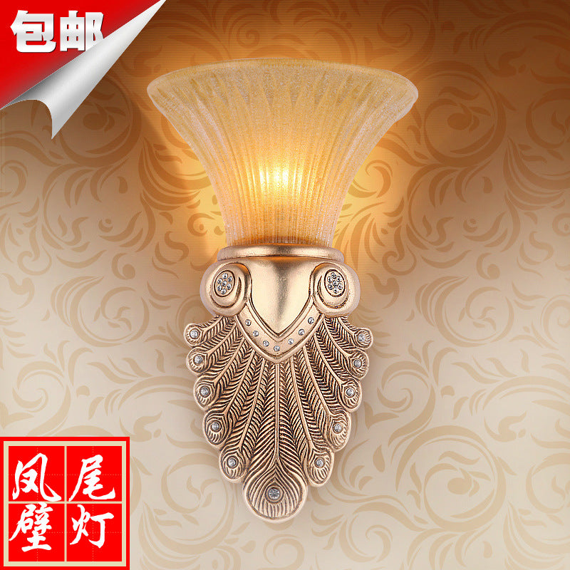 Inverted Bell Bedroom Wall Light Warehouse Opal Fluted Glass 1-Bulb Gold Wall Sconce Lighting with Peacock Feather Design, 10"/13" Wide Clearhalo 'Wall Lamps & Sconces' 'Wall Lights' Lighting' 1907386