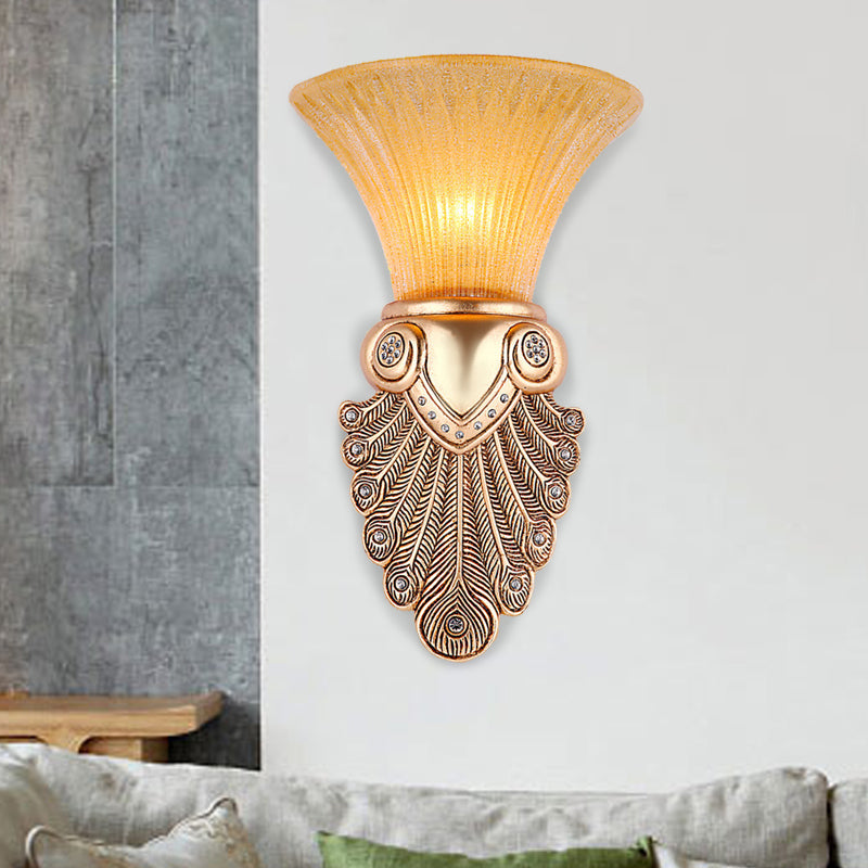 Inverted Bell Bedroom Wall Light Warehouse Opal Fluted Glass 1-Bulb Gold Wall Sconce Lighting with Peacock Feather Design, 10"/13" Wide Clearhalo 'Wall Lamps & Sconces' 'Wall Lights' Lighting' 1907387