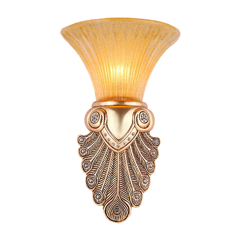 Inverted Bell Bedroom Wall Light Warehouse Opal Fluted Glass 1-Bulb Gold Wall Sconce Lighting with Peacock Feather Design, 10"/13" Wide Clearhalo 'Wall Lamps & Sconces' 'Wall Lights' Lighting' 1907388