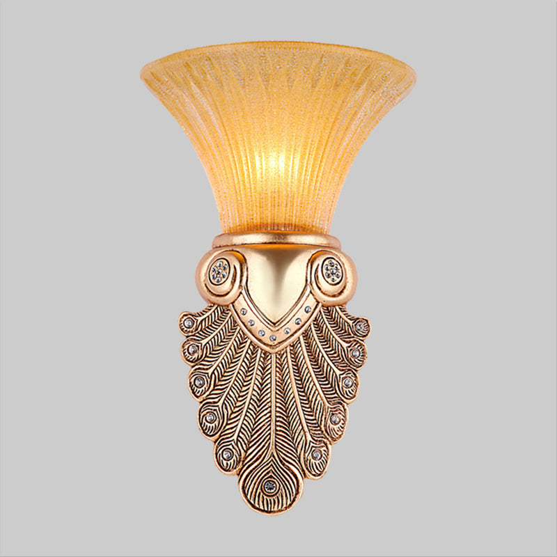 Inverted Bell Bedroom Wall Light Warehouse Opal Fluted Glass 1-Bulb Gold Wall Sconce Lighting with Peacock Feather Design, 10"/13" Wide Clearhalo 'Wall Lamps & Sconces' 'Wall Lights' Lighting' 1907389