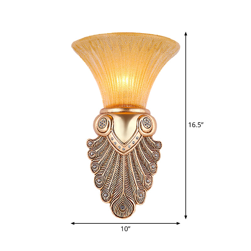 Inverted Bell Bedroom Wall Light Warehouse Opal Fluted Glass 1-Bulb Gold Wall Sconce Lighting with Peacock Feather Design, 10"/13" Wide Clearhalo 'Wall Lamps & Sconces' 'Wall Lights' Lighting' 1907391