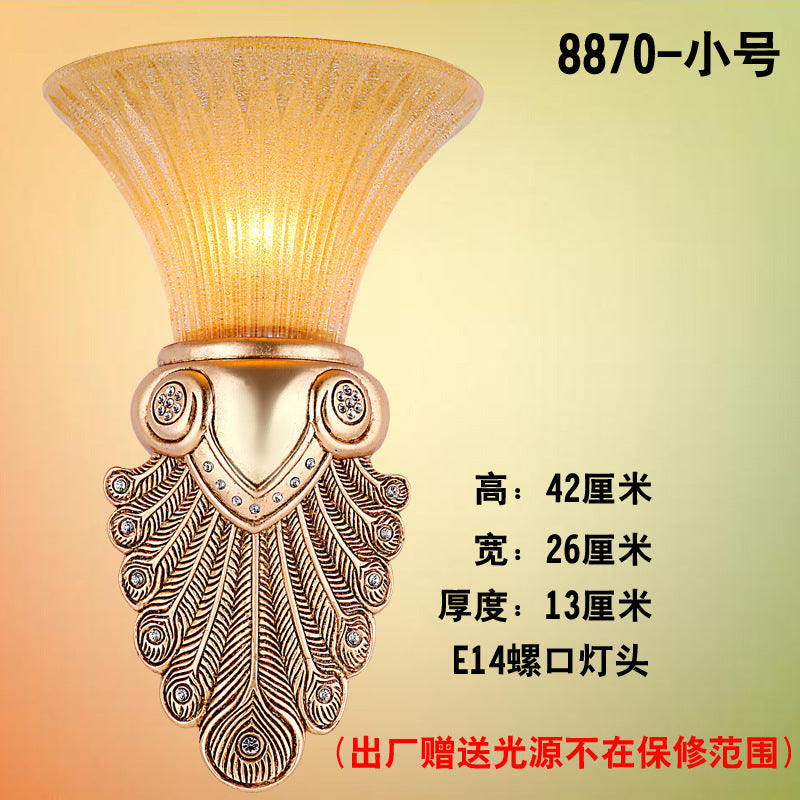 Inverted Bell Bedroom Wall Light Warehouse Opal Fluted Glass 1-Bulb Gold Wall Sconce Lighting with Peacock Feather Design, 10"/13" Wide Gold 10" Clearhalo 'Wall Lamps & Sconces' 'Wall Lights' Lighting' 1907392