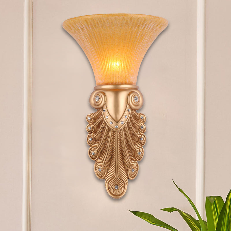 Inverted Bell Bedroom Wall Light Warehouse Opal Fluted Glass 1-Bulb Gold Wall Sconce Lighting with Peacock Feather Design, 10"/13" Wide Clearhalo 'Wall Lamps & Sconces' 'Wall Lights' Lighting' 1907393