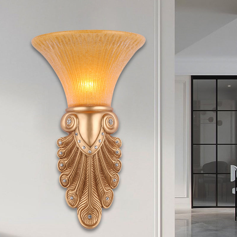 Inverted Bell Bedroom Wall Light Warehouse Opal Fluted Glass 1-Bulb Gold Wall Sconce Lighting with Peacock Feather Design, 10"/13" Wide Clearhalo 'Wall Lamps & Sconces' 'Wall Lights' Lighting' 1907394