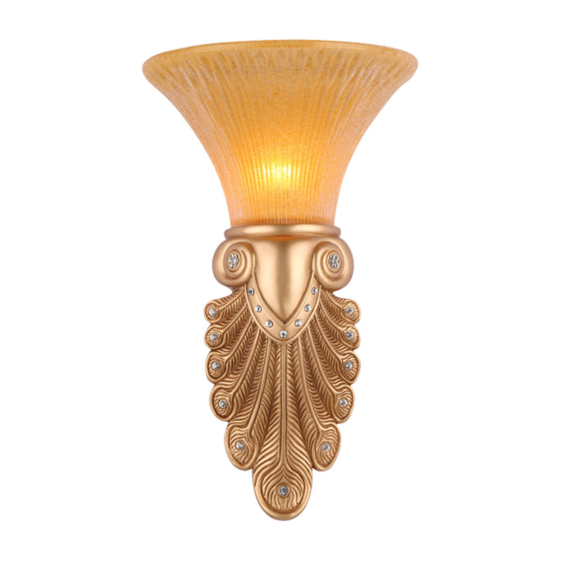 Inverted Bell Bedroom Wall Light Warehouse Opal Fluted Glass 1-Bulb Gold Wall Sconce Lighting with Peacock Feather Design, 10"/13" Wide Clearhalo 'Wall Lamps & Sconces' 'Wall Lights' Lighting' 1907395