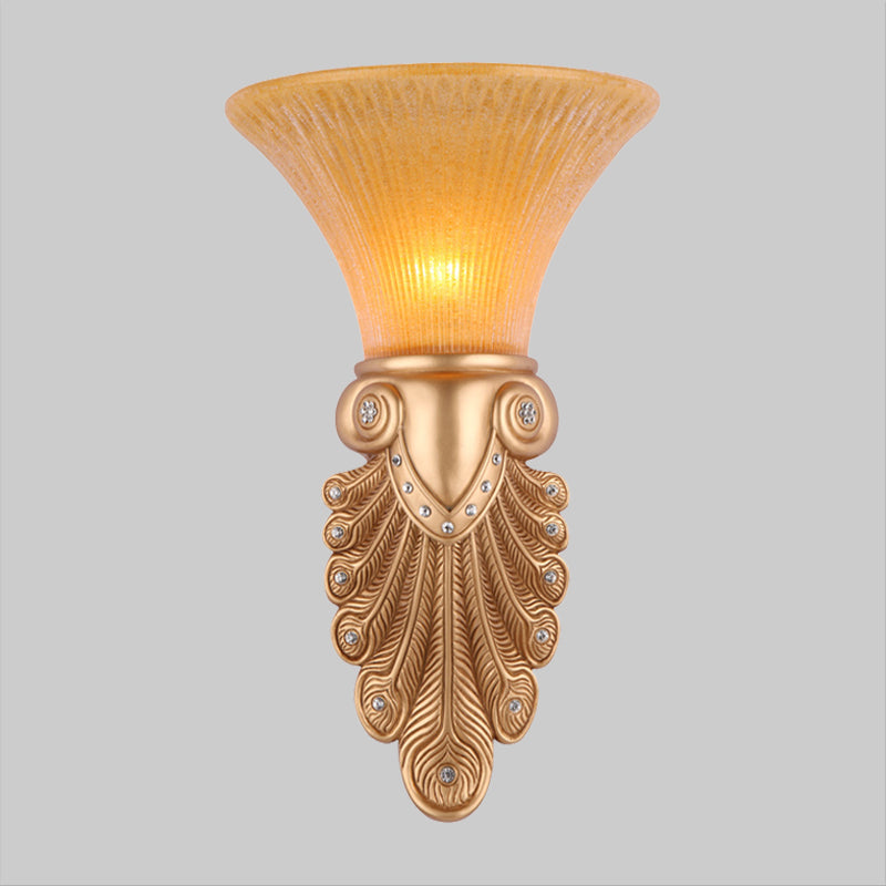 Inverted Bell Bedroom Wall Light Warehouse Opal Fluted Glass 1-Bulb Gold Wall Sconce Lighting with Peacock Feather Design, 10"/13" Wide Clearhalo 'Wall Lamps & Sconces' 'Wall Lights' Lighting' 1907396