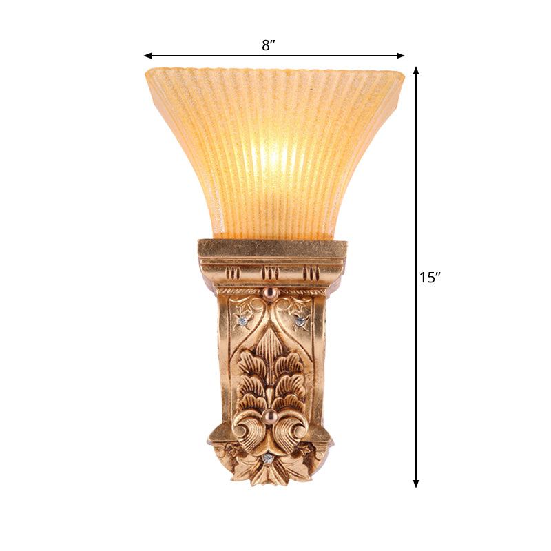 Gold 1-Head Wall Mount Lamp Loft Style Amber Fluted Glass Trapezoid Wall Lighting Fixture Clearhalo 'Wall Lamps & Sconces' 'Wall Lights' Lighting' 1907403