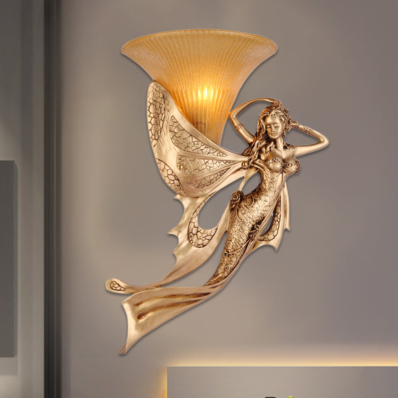 Resin Gold Wall Sconce Mermaid 1-Light Rustic Style Wall Mounted Lamp with Cone Ribbed Glass Shade Clearhalo 'Wall Lamps & Sconces' 'Wall Lights' Lighting' 1907405