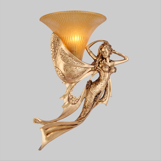 Resin Gold Wall Sconce Mermaid 1-Light Rustic Style Wall Mounted Lamp with Cone Ribbed Glass Shade Clearhalo 'Wall Lamps & Sconces' 'Wall Lights' Lighting' 1907407