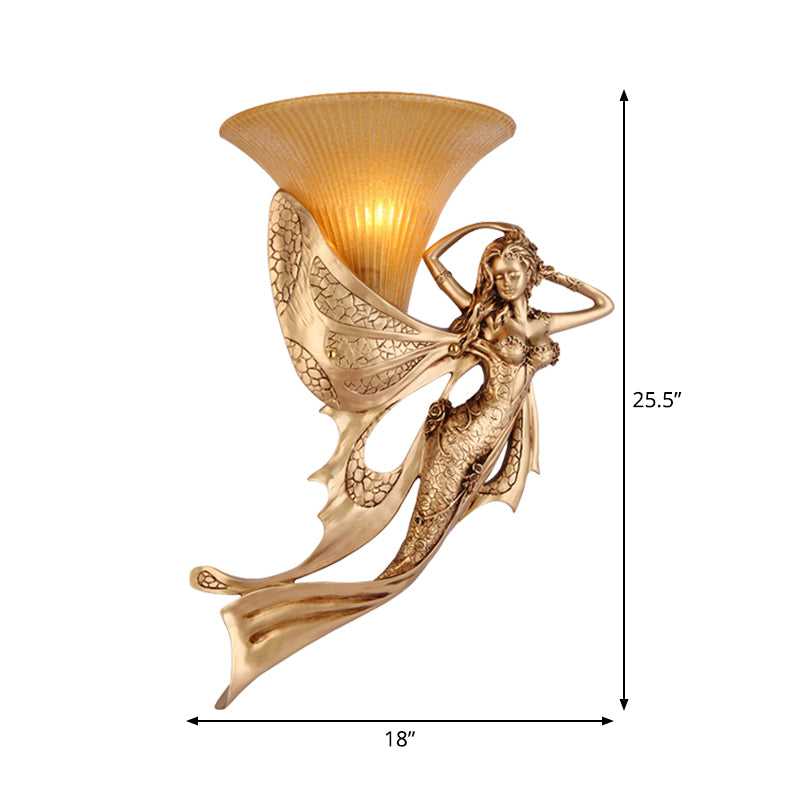 Resin Gold Wall Sconce Mermaid 1-Light Rustic Style Wall Mounted Lamp with Cone Ribbed Glass Shade Clearhalo 'Wall Lamps & Sconces' 'Wall Lights' Lighting' 1907408