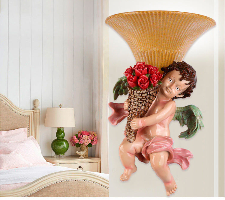 1 Head Sconce Light Traditional Boy Holding Rose Resin Wall Mounted Lighting with Tapered Fluted Glass Shade in Yellow Clearhalo 'Wall Lamps & Sconces' 'Wall Lights' Lighting' 1907409