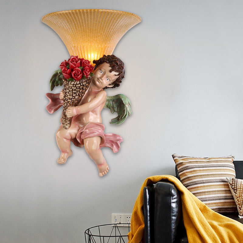 1 Head Sconce Light Traditional Boy Holding Rose Resin Wall Mounted Lighting with Tapered Fluted Glass Shade in Yellow Clearhalo 'Wall Lamps & Sconces' 'Wall Lights' Lighting' 1907410