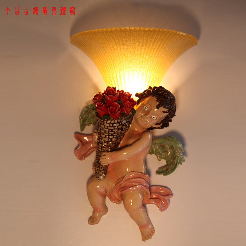1 Head Sconce Light Traditional Boy Holding Rose Resin Wall Mounted Lighting with Tapered Fluted Glass Shade in Yellow Yellow Clearhalo 'Wall Lamps & Sconces' 'Wall Lights' Lighting' 1907411