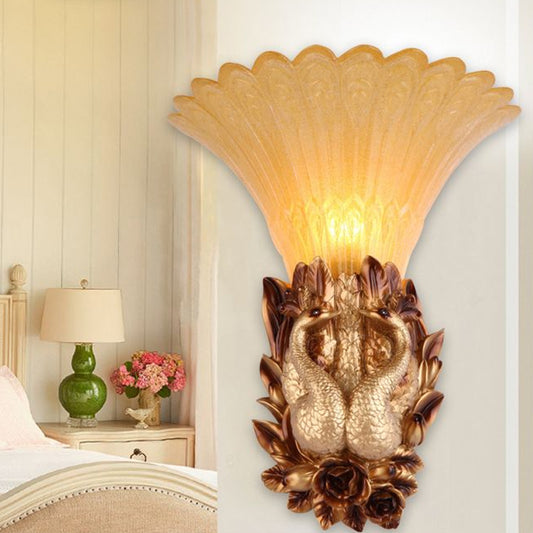 Peacock Bedroom Wall Sconce Light Vintage Resin Single Head Gold Wall Lighting Fixture with Ribbed Amber Glass Shade Clearhalo 'Wall Lamps & Sconces' 'Wall Lights' Lighting' 1907422