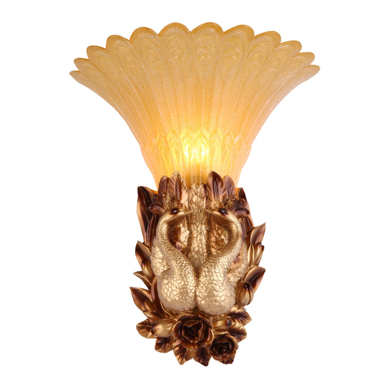 Peacock Bedroom Wall Sconce Light Vintage Resin Single Head Gold Wall Lighting Fixture with Ribbed Amber Glass Shade Clearhalo 'Wall Lamps & Sconces' 'Wall Lights' Lighting' 1907424