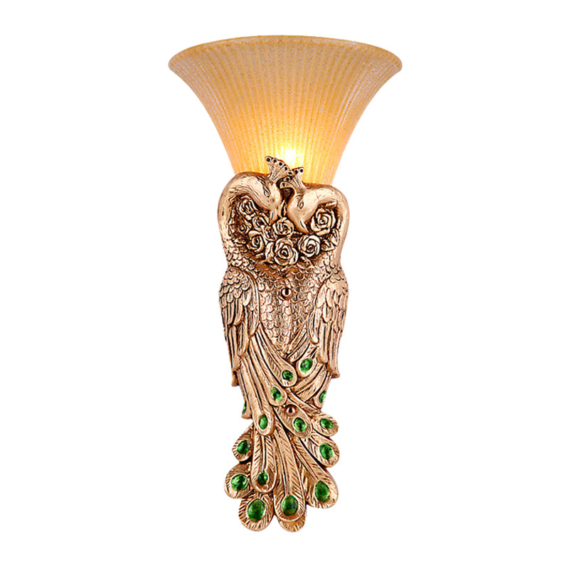 Single Head Wall Sconce Countryside Inverted Cone Amber Fluted Glass Wall Mounted Lamp with Peacock Decor in Gold Clearhalo 'Wall Lamps & Sconces' 'Wall Lights' Lighting' 1907430