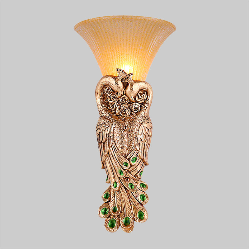 Single Head Wall Sconce Countryside Inverted Cone Amber Fluted Glass Wall Mounted Lamp with Peacock Decor in Gold Clearhalo 'Wall Lamps & Sconces' 'Wall Lights' Lighting' 1907431