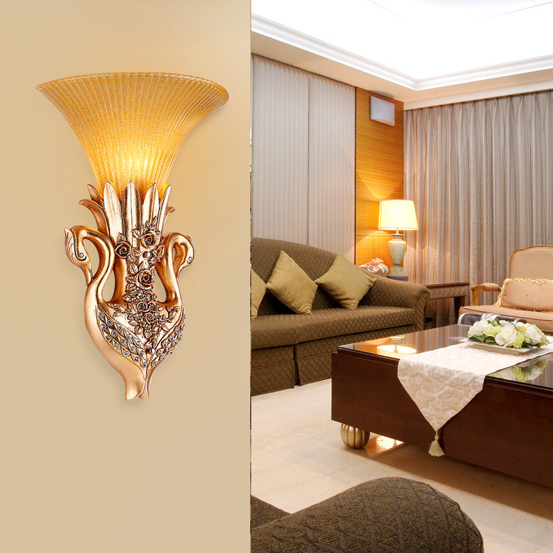 Dual Swan Sitting Room Sconce Lamp Farmhouse Resin Single Bulb Gold Wall Lighting Idea with Fluted Glass Shade Clearhalo 'Wall Lamps & Sconces' 'Wall Lights' Lighting' 1907433