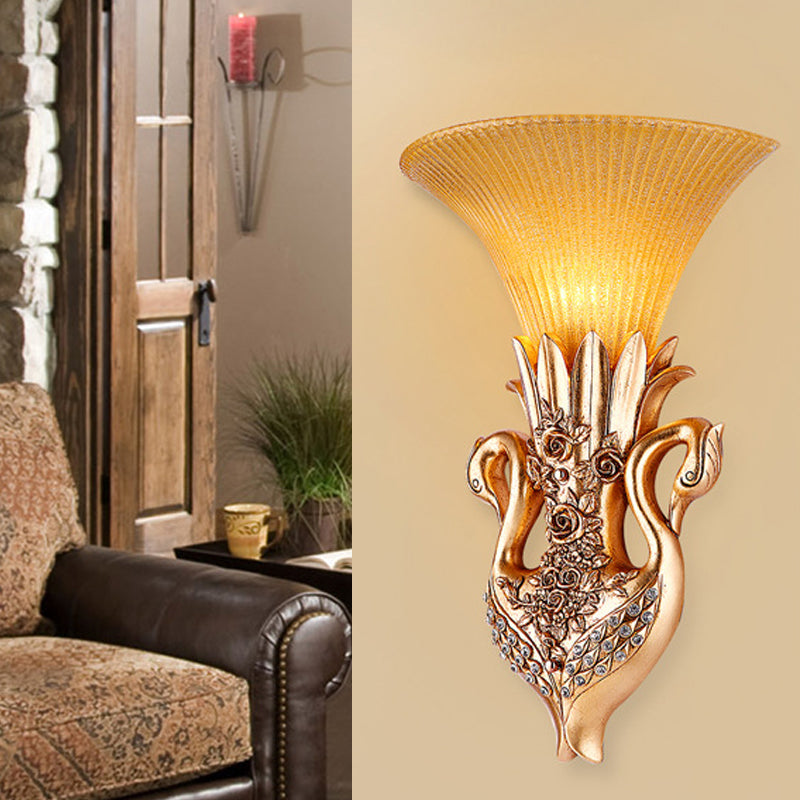 Dual Swan Sitting Room Sconce Lamp Farmhouse Resin Single Bulb Gold Wall Lighting Idea with Fluted Glass Shade Clearhalo 'Wall Lamps & Sconces' 'Wall Lights' Lighting' 1907434