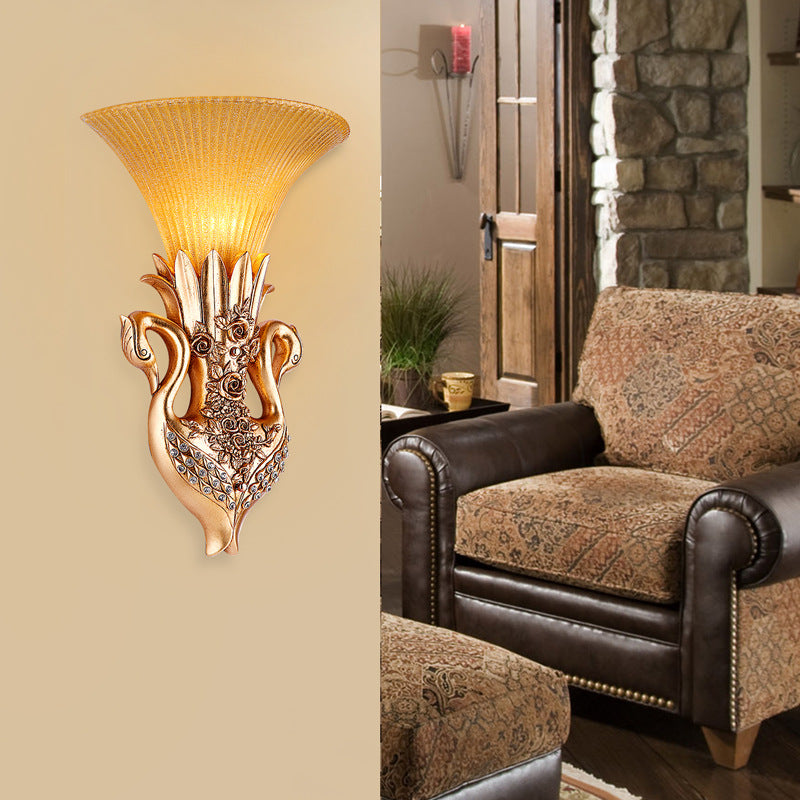 Dual Swan Sitting Room Sconce Lamp Farmhouse Resin Single Bulb Gold Wall Lighting Idea with Fluted Glass Shade Gold Clearhalo 'Wall Lamps & Sconces' 'Wall Lights' Lighting' 1907435