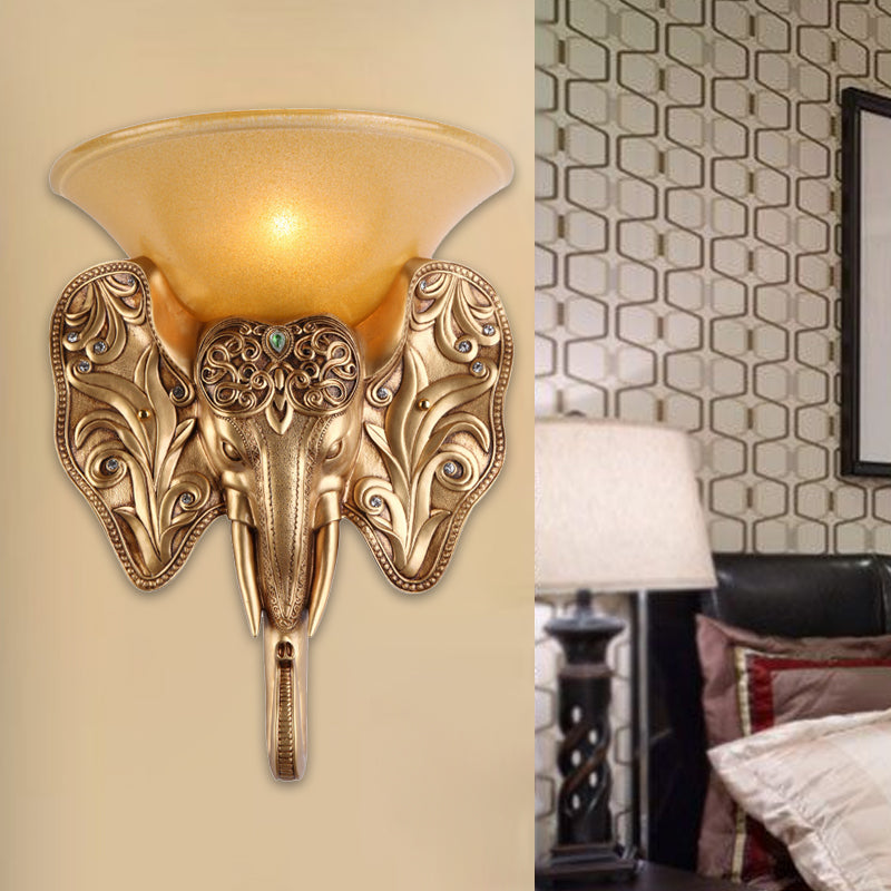 Gold Single Light Wall Lamp Warehouse Amber Glass Wide Bell Wall Lighting Fixture with Elephant Head Design Clearhalo 'Wall Lamps & Sconces' 'Wall Lights' Lighting' 1907440