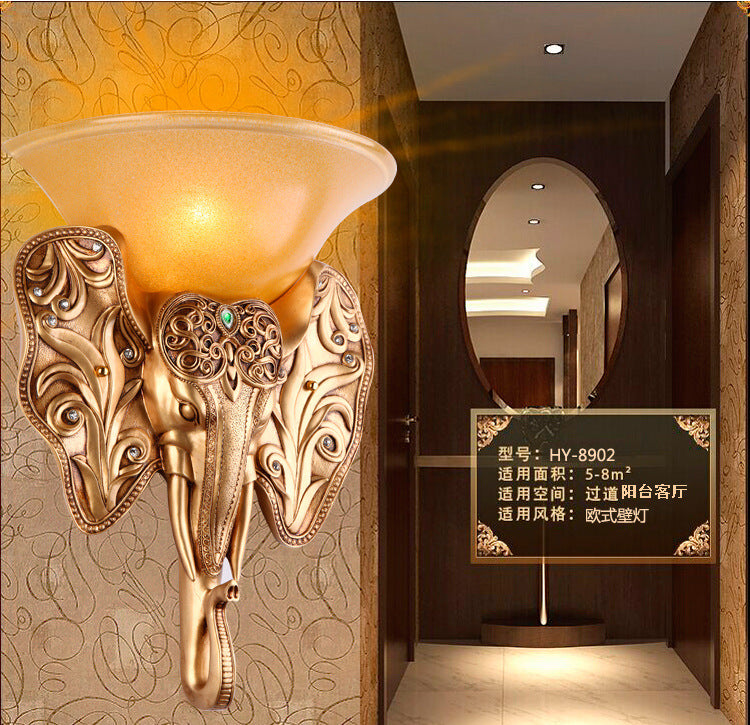 Gold Single Light Wall Lamp Warehouse Amber Glass Wide Bell Wall Lighting Fixture with Elephant Head Design Gold Clearhalo 'Wall Lamps & Sconces' 'Wall Lights' Lighting' 1907441