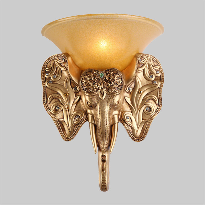 Gold Single Light Wall Lamp Warehouse Amber Glass Wide Bell Wall Lighting Fixture with Elephant Head Design Clearhalo 'Wall Lamps & Sconces' 'Wall Lights' Lighting' 1907443