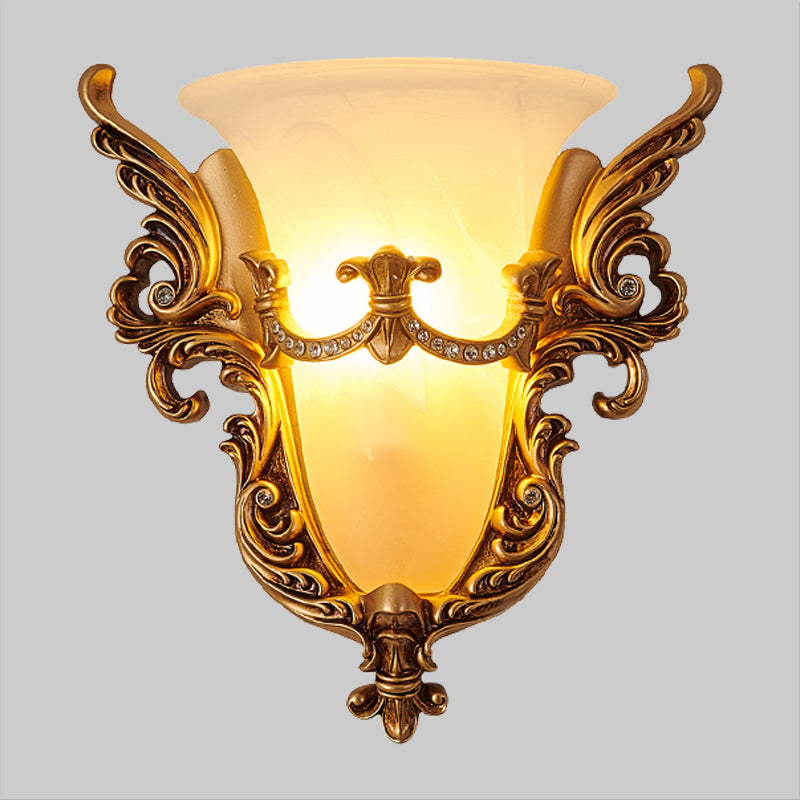 Opal Glass Gold Wall Sconce Elongated Bell 1-Bulb Cottage Wall Mounted Lighting for Living Room Clearhalo 'Wall Lamps & Sconces' 'Wall Lights' Lighting' 1907455